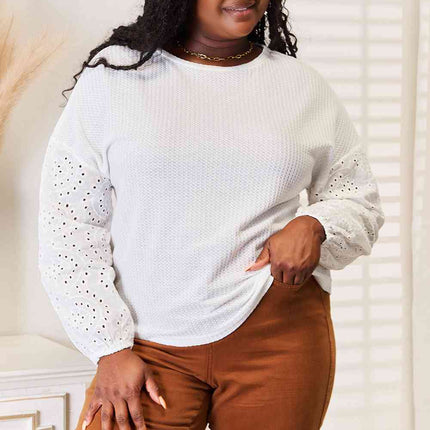 Double Take Eyelet Dropped Shoulder Round Neck Blouse - Vickie Lynn's