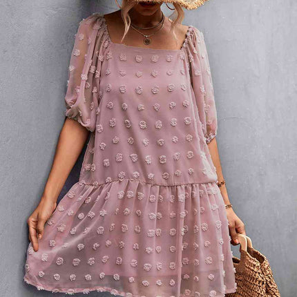 Swiss Dot Square Neck Half Balloon Sleeve Dress