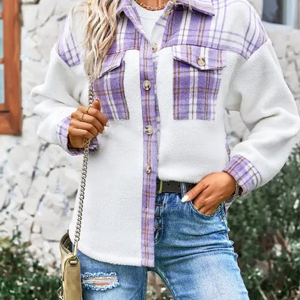 Abrigo estilo camisa a cuadros con temperamento casual para mujer 