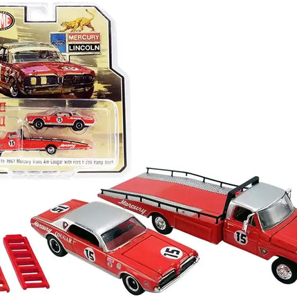 Ford F-350 Ramp Truck with 1967 Mercury Trans Am Cougar #15 Parnelli Jones Red with Silver Top "ACME Exclusive" 1/64 Diecast Model Cars by Greenlight for ACME