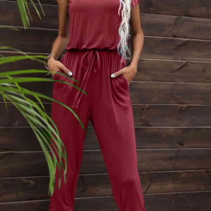 Drawstring Waist One-Shoulder Jumpsuit with Pockets