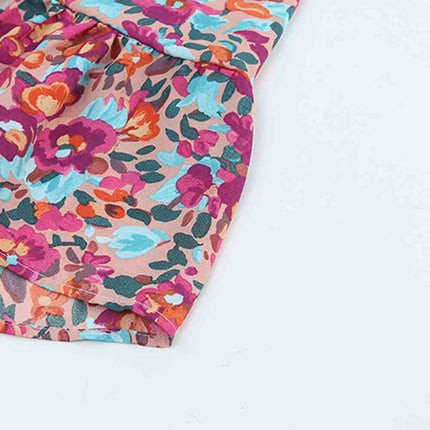 Floral Smocked V-Neck Flounce Sleeve Dress