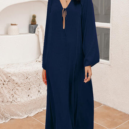 Plus Size Tie Neck Long Sleeve Slit Dress