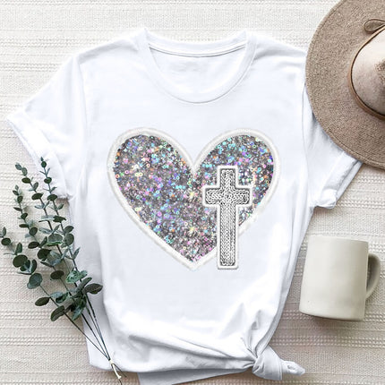 Sequin Heart Round Neck Short Sleeve T-Shirt