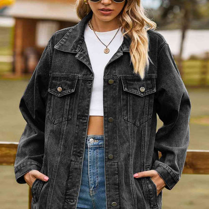 Buttoned Collared Neck Denim Jacket with Pockets