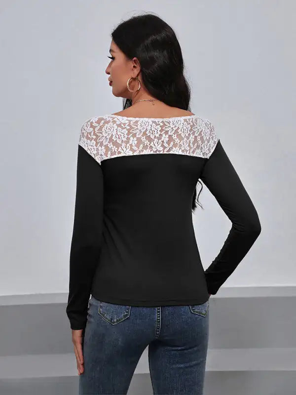 Women's Lace Patchwork Round Neck Sexy Cutout Top