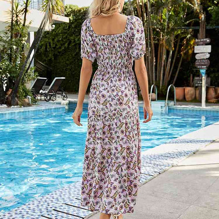 Printed Square Neck Short Sleeve Midi Dress - Vickie Lynn's