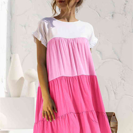 Color Block Round Neck Ruffle Hem Dress
