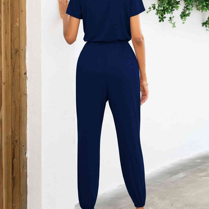 Short Sleeve V-Neck Jumpsuit with Pockets