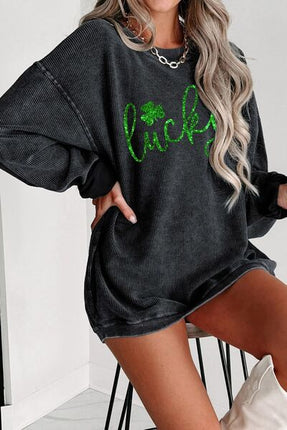 LUCKY Round Neck Dropped Shoulder Sweatshirt - Vickie Lynn's