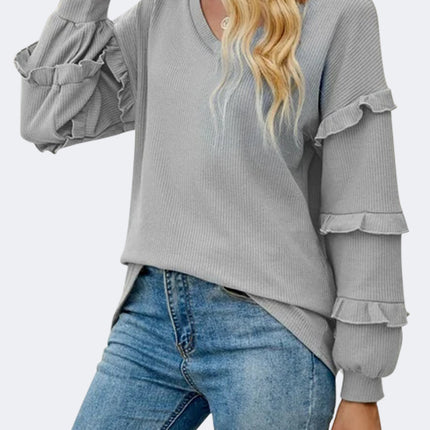 Ruffled V-Neck Long Sleeve T-Shirt