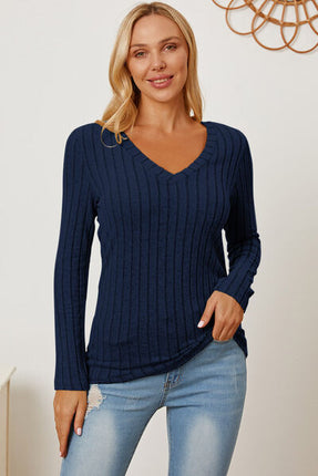 Basic Bae Full Size Ribbed V-Neck Long Sleeve T-Shirt - Vickie Lynn's