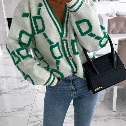 Geometric Dropped Shoulder Button Down Cardigan
