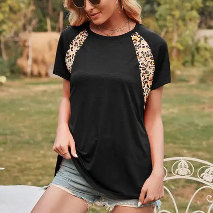 Women's Leopard Print Round Neck Raglan Short Sleeve T-Shirt