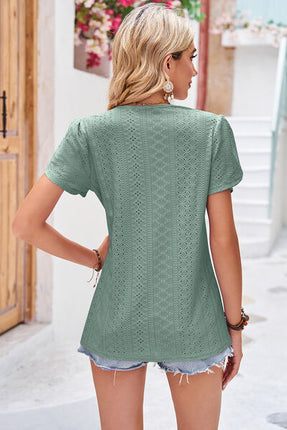 Eyelet V-Neck Petal Sleeve T-Shirt