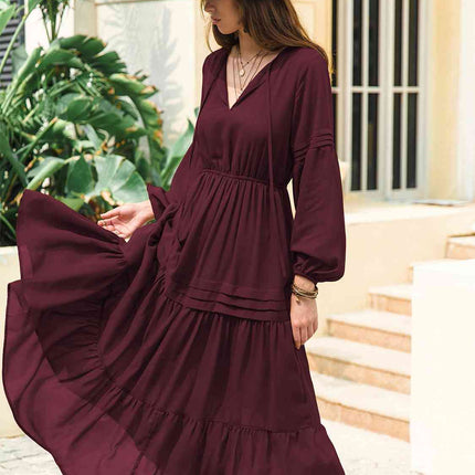 Tie Neck Long Sleeve Midi Tiered Dress
