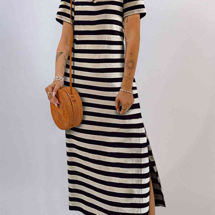 Striped V-Neck Short Sleeve Side Slit Dress