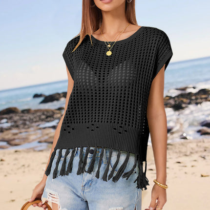 Openwork Cap Sleeve Knit Cover Up with Tassel