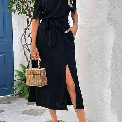 Tie-Waist Off-Shoulder Split Dress