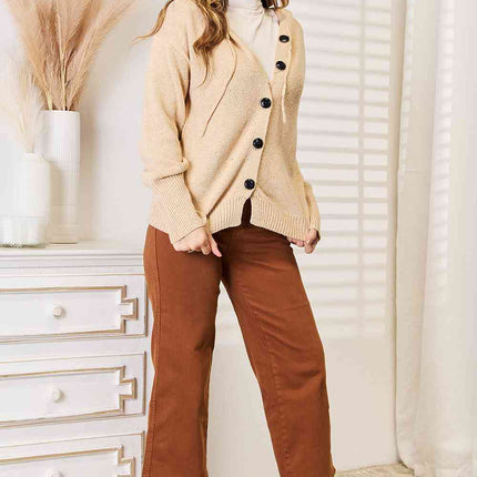 Woven Right Button-Down Long Sleeve Hooded Sweater - Vickie Lynn's