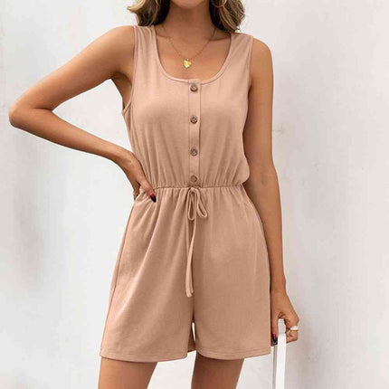 Buttoned Round Neck Sleeveless Romper