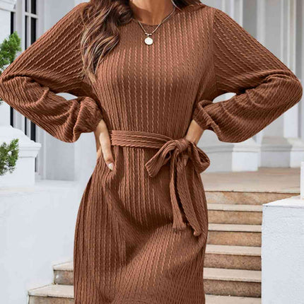 Round Neck Tie Front Long Sleeve Dress