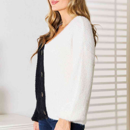 Woven Right Contrast Button-Front V-Neck Cardigan - Vickie Lynn's