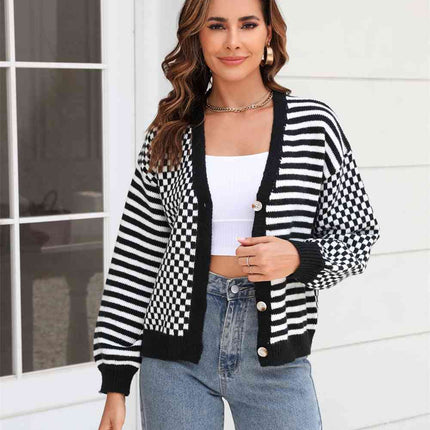 Button-Down Stripe & Plaid Contrast Pattern Cardigan
