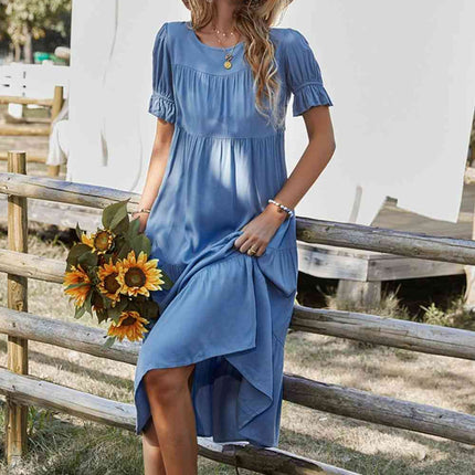 Short Flounce Sleeve Tiered Midi Dress