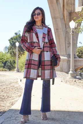 Double Take Full Size Plaid Button Up Lapel Collar Coat - Vickie Lynn's