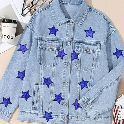 Pocketed Geometric Collared Neck Denim Jacket