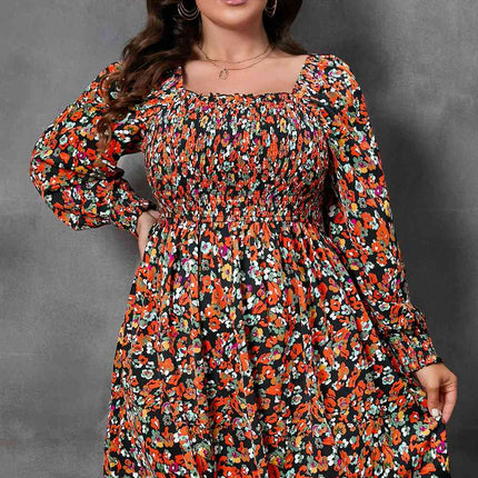 Plus Size Floral Square Neck Smocked Mini Dress