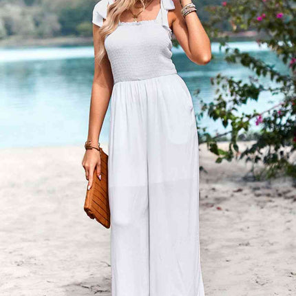 Frill Trim Tie Shoulder Wide Leg Jumpsuit with Pockets