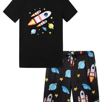 Boy's' Round Neck Cartoon Pattern Short Sleeve Shorts Cotton Pajamas Set