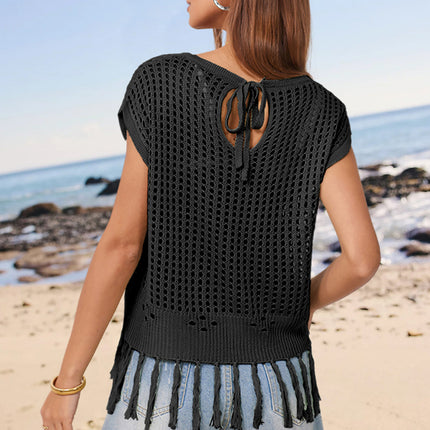 Openwork Cap Sleeve Knit Cover Up with Tassel