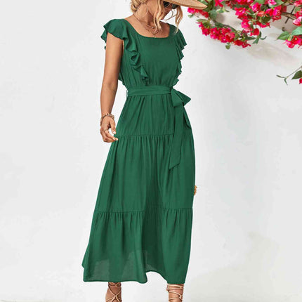 Tie Belt Ruffled Tiered Dress