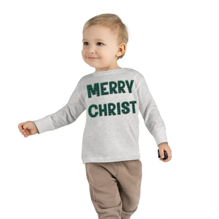 Long Sleeve Graphic T-Shirt for Toddlers, Merry With Christ, Green Plaid Christmas Holiday Pattern Print