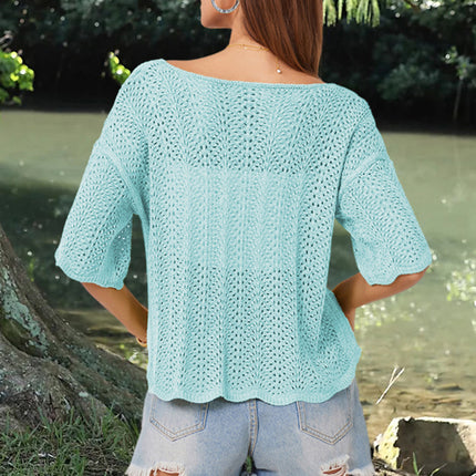 Openwork Round Neck Half Sleeve Knit Top