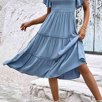 Smocked Square Neck Frill Trim Dress