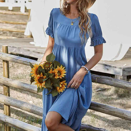 Short Flounce Sleeve Tiered Midi Dress