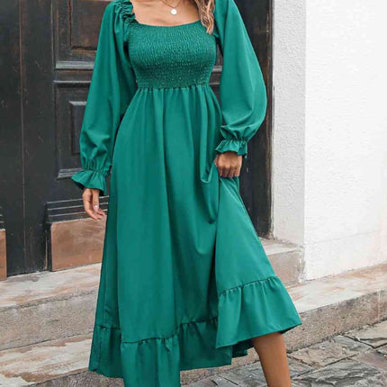 Smocked Ruffle Hem Flounce Sleeve Dress