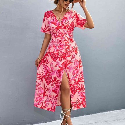 Floral Print High Slit Surplice Neck Tie Waist Midi Dress