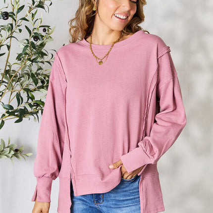 Culture Code Full Size Round Neck Exposed Seam Slit Top