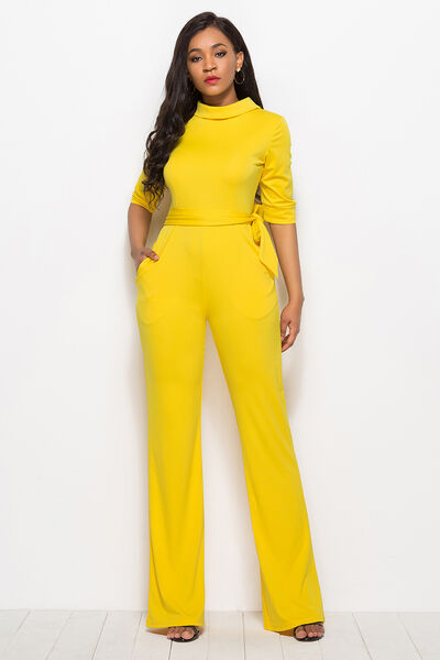 Mock Neck Tie-Waist Half Sleeve Jumpsuit