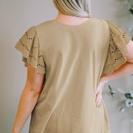 Plus Size Eyelet Round Neck Short Sleeve Blouse