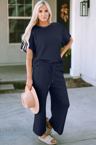 Double Take Full Size Texture Short Sleeve Top and Pants Set - Vickie Lynn's