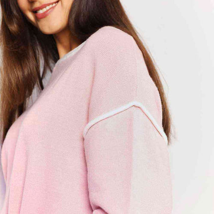 Double Take Contrast Detail Dropped Shoulder Knit Top - Vickie Lynn's