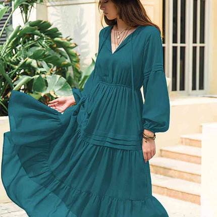 Tie Neck Long Sleeve Midi Tiered Dress