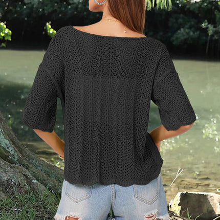Openwork Round Neck Half Sleeve Knit Top