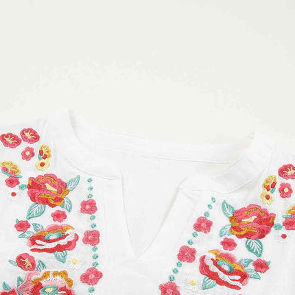 Embroidered Notched Neck Flounce Sleeve Top